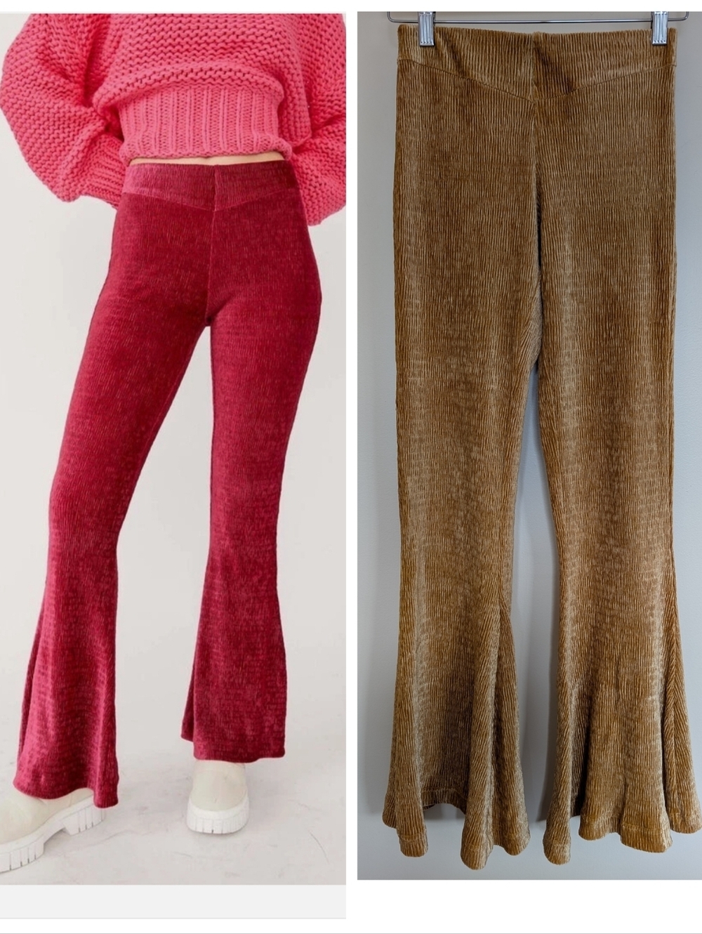 Free People So Charming Gold Velvet Ribbed Flared Pants XS Small